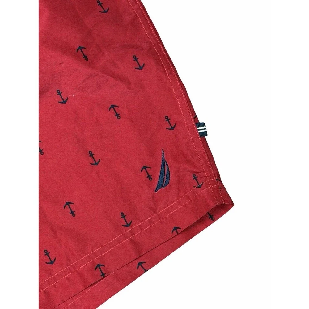 Nautica Mens Red Anchor Print Swim Trunks Shorts Size Medium L Beach Swimming